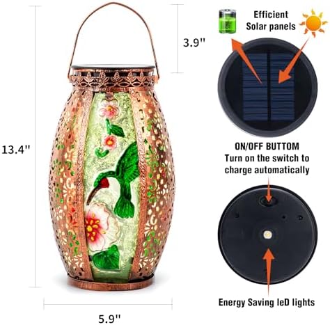 Larekook Hummingbird Solar Lantern Outdoor Waterproof,13" Large Hanging Lantern Decorative,Metal Hummingbird Solar Lights for Yard Table Porch Patio Garden Decor,Birthday Gifts for Women Mom - Image 2