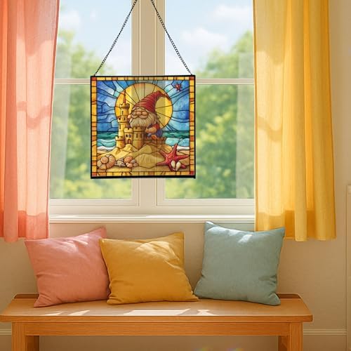 Beach Day Gnome Stained Glass Suncatcher – Square Hanging Window Panel for Home or Greenhouse – Whimsical Glass Art Gift for Garden Lovers, Christmas, Halloween, Father Days G18PX1 - Image 5