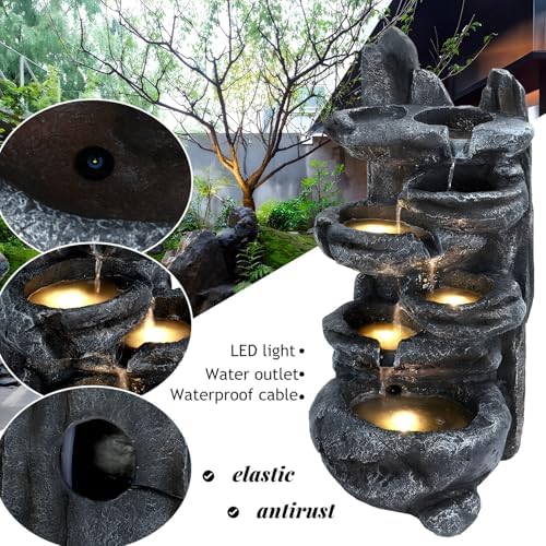 HEVIRGO Outdoor 6-Tiers Cascading Rock Water Fountain | with LED Light | Realistic Appearance Outside Patio Water Features Fountain | for Patio Backyard Porch and Home Art Decor Outdoor Fountains - Image 7