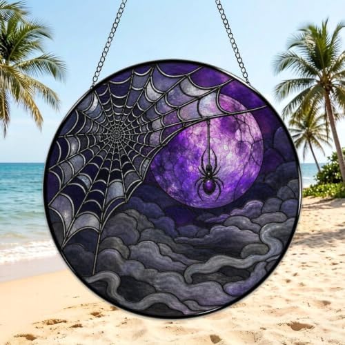 Spider Web Purple Moon Stained Glass Suncatcher 11.8" Colorful Window Hanging Ornament, Sun Catcher Decor for Bathroom Front Door Living Room Home Wall Garden - Image 3