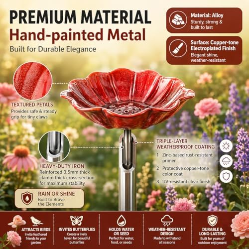 Metal Flower Garden Stakes, Mini Bird Bath and Bee Watering Station with Detachable Copper-Tone Stake, Shallow Alloy Flower Bowl for Garden Yard Patio Butterfly Puddler Decor Gift (Purple, 3 Pcs) - Image 6