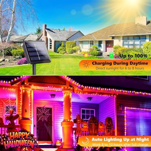 Jedavai 6Pack 240FT 600 LED Solar Halloween String Lights, Orange & Purple Solar Lights Outdoor with 8 Lighting Modes Waterproof Solar Fairy Lights for Garden Yard Patio Party Tree Decoration - Image 4