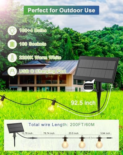 Zuske Solar Outdoor String Lights, 200FT G40 IP65 Waterproof Patio Lights - Image 6