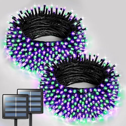 JMEXSUSS 2 Pack Solar Halloween Lights, Tot. 400LED 151FT, Purple and Green by JMEXSUSS
