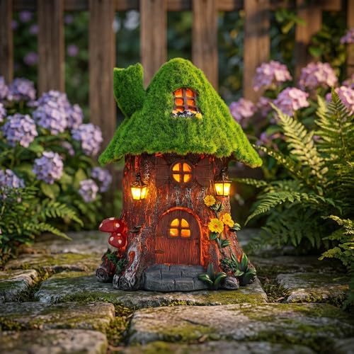 COWOS Fairy Tree House Night Light with LED - Moss Covered Resin Fairy House Miniature Garden Decor, Outdoor Waterproof Statue for Patio Yard Lawn, Gift for Garden Lovers Kids - Image 3