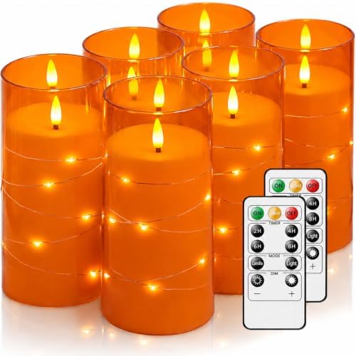 Orange Flickering Flameless Candles with Remote Timer, 6 pcs LED Battery Operated Candles with String Lights, Halloween Fall Candles Decor for Home, Same Size D3 H6 by Hinabichan