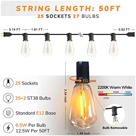 Achin Outdoor String Lights - 50ft LED Dimmable ST38 Warm Edison String Lights, Waterproof, Shatterproof, Connectable, Patio, Pergola, Bistro, Garden, Wedding, 2 Year Warranty - Image 2