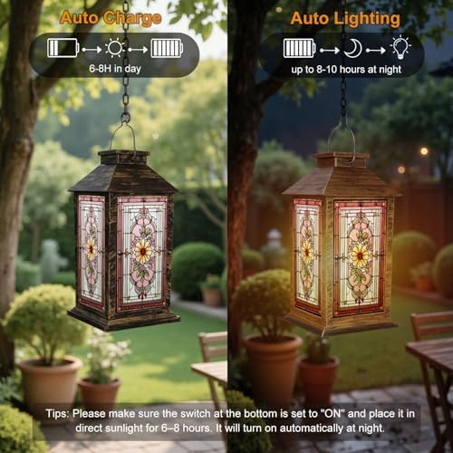 Stained Glass Style Solar Lantern Outdoor Garden Hanging Lantern Flat Stained Glass Artwork Sunflower Spring Color Mosaic Waterproof Solar Powered Lighting Outside Table Lamp for Patio Deck Yard - Image 4
