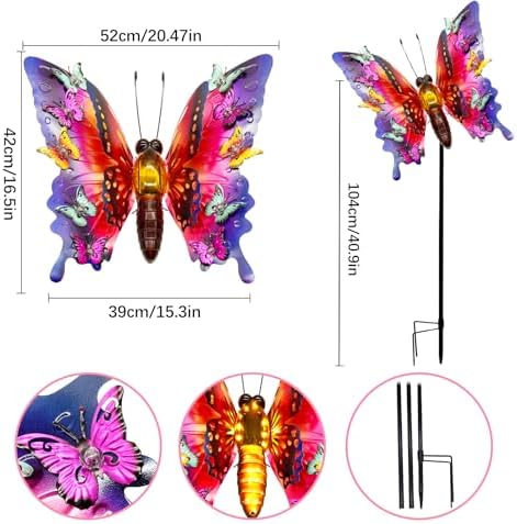 ANGMLN Solar Garden Lights, Outdoor Butterfly Garden Decor Large 41" Metal Decorative Lights, Waterproof Butterfly Outside Decoration Patio Yard Porch Birthday Gardening Gifts for Mom Women, Purple - Image 2