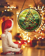 Green Christmas Tree Gold Ribbon Stained Glass Window Hanging Gifts 15" - Image 5