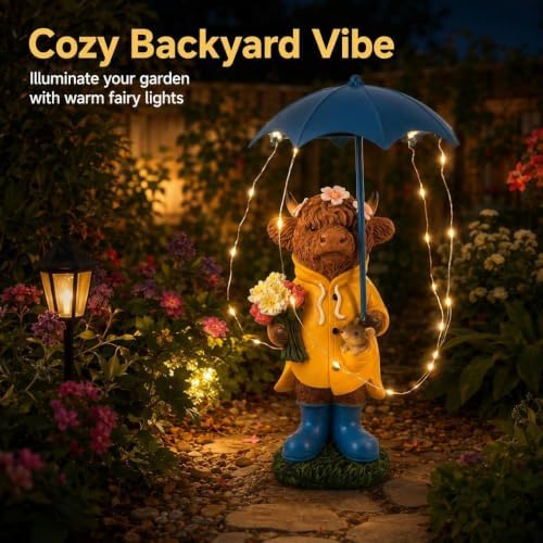 ASAWASA Solar Powered Highland Cow Statue with LED String Lights 12.4in - Image 3