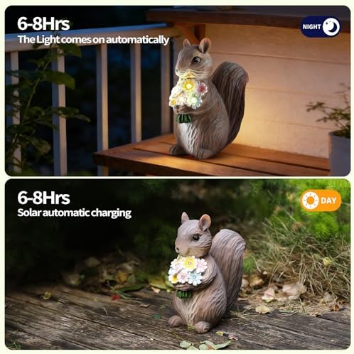 8" Solar Squirrel Garden Statue with Flower Lights, Resin Squirrel Holding Flowers Outdoor Decor, Waterproof Solar Powered Animal Statue for Yard, Lawn, Garden - Image 4