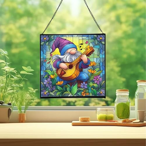 Musician Gnome Stained Glass Suncatcher – Square Hanging Window Panel for Home or Greenhouse – Whimsical Glass Art Gift for Garden Lovers, Christmas, Halloween, Father Days Dxyh3Y - Image 2