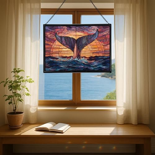 Whale Tail Splashes Under Sunset Sky Rectangular Stained Glass Suncatcher – Hanging Window Panel with Animal & Nature Scene – Vibrant Glass Art Gift for Wildlife, Fantasy, Nature Lovers wwsLLc - Image 6