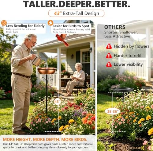 3" Deep 43" Tall Metal Bird Bath for Outside, Birdbath for Outdoors - Image 3