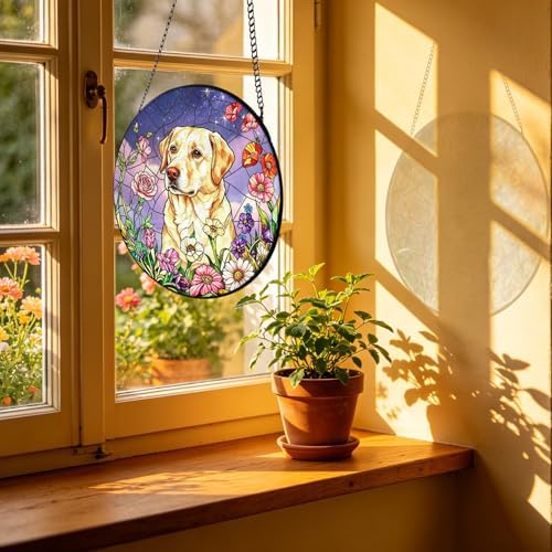 Personalized Dog Photo Stained Glass Suncatcher Custom Pet Portrait Memorial Window Hanging with Flowers, Keepsake Sympathy Birthday Gifts for Dog Lovers Pet Owner Family Home Decor 11.81Inch - Image 3