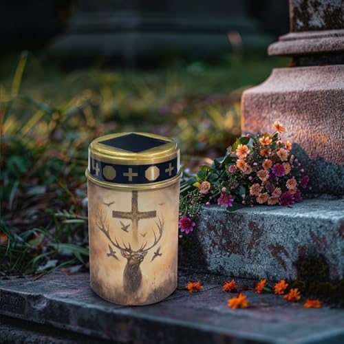 Poceacles 8 Pack Cross Solar Lights Outdoor for Cemetery Grave Decorations, Fake LED Pillar Candles Solar Powered Waterproof Outdoor Stake Lights Grave Markers, Deer Cross Dove of Peace Vintage - Image 3