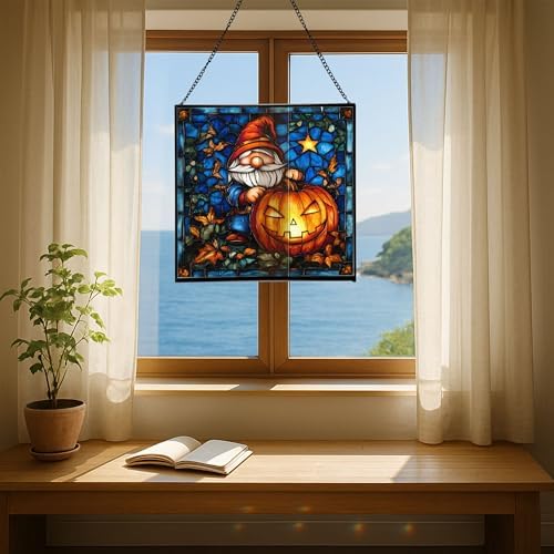 Gnome Pumpkin Lantern Stained Glass Suncatcher – Square Hanging Window Panel for Home or Greenhouse – Whimsical Glass Art Gift for Garden Lovers, Christmas, Halloween, Father Days WY9zHS - Image 6