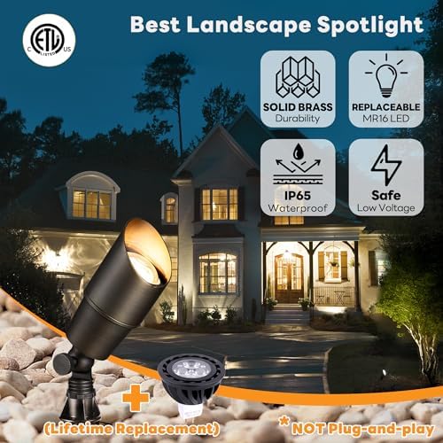 Gardenreet Brass Landscape Spotlights 12V, Low Voltage Spot Light Outdoor LED, Wired IP65 Waterproof Uplight, ETL Bronze for Garden Yard Tree House with 5W 2700K Warm White MR16 Bulb - Image 2