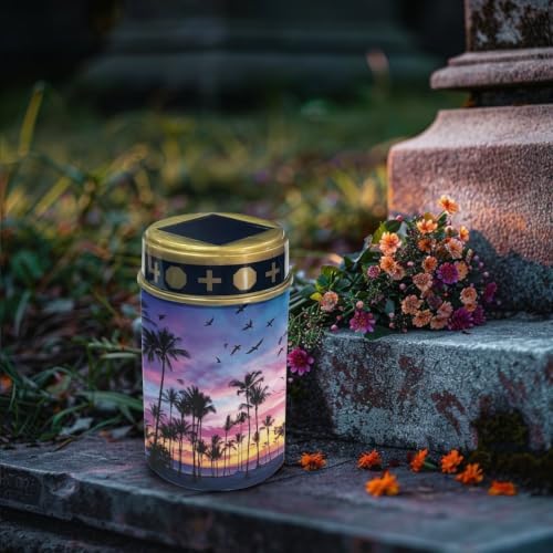 Poceacles Solar Lights Outdoor Solar Powered Outdoor Cemetery Stake Candle Grave Lamp Landscape Lighting Waterproof Grave Flameless Candle, Palm Tree Beach Sunset Pattern Violet Blue, Pack of 6 - Image 3