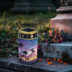 Poceacles Solar Lights Outdoor Solar Powered Outdoor Cemetery Stake Candle Grave Lamp Landscape Lighting Waterproof Grave Flameless Candle, Palm Tree Beach Sunset Pattern Violet Blue, Pack of 2 - Image 3