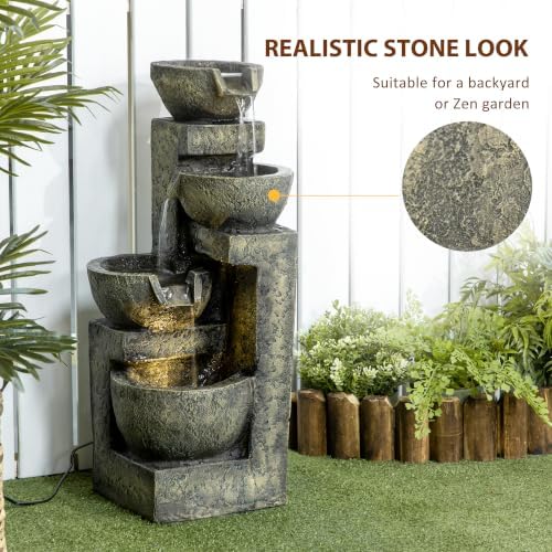 Outsunny Outdoor Fountain 4-Tier Stone Look Bowls Cascading Waterfall Gray - Image 3