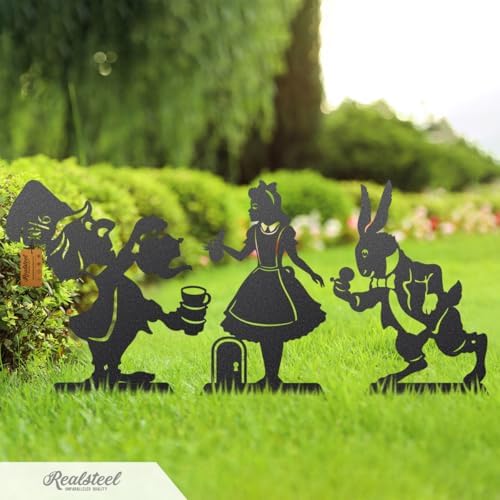 RealSteel Storybook Metal Garden Stakes, Set of 3, Curious Girl, White Rabbit and Mad Hatter Tea Party Yard Art Silhouettes, Handcrafted in Texas, Rust - Image 2