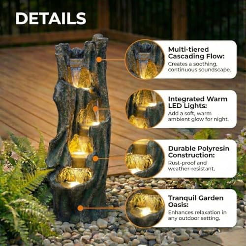 Tree Trunk Waterfall Fountain with LED Lights Tiered Cascading Resin Garden Water Feature for Patio Backyard Indoor Outdoor - Image 5