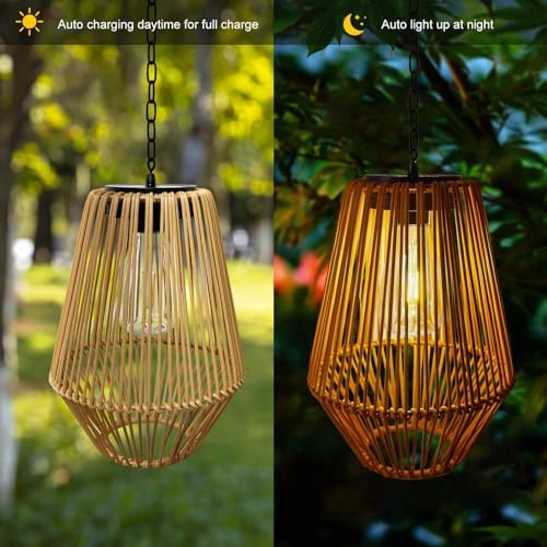 Livinlarge Rattan Solar Lantern Waterproof,Hanging Chandelier Lights Patio Porch Garden Farmhouse Decoration Rustic Handmade Outdoor Wicker Pendant Lamps - Image 2