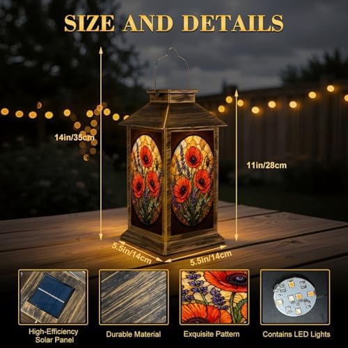 Solar Lantern Outdoor Waterproof Stained Glass Lavender Floral Warm Orange Green Tones Garden Decor LED Hanging Solar Lights Tabletop Lamp Gifts for Women Mom Outside Yard Patio Porch - Image 2