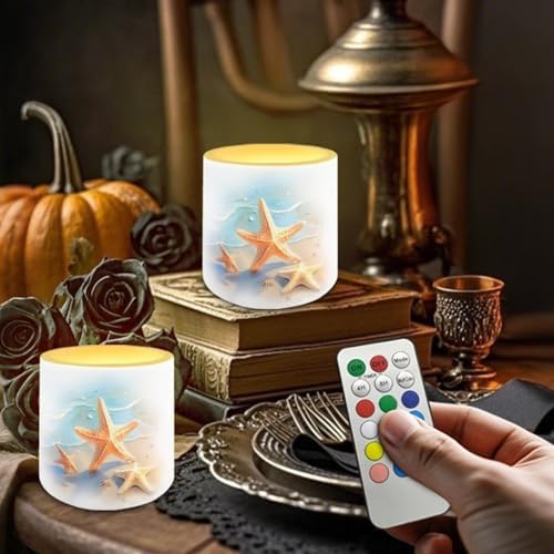 Starfish Beach Pattern 4 Packs Flameless LED Battery Candles with Colored Light Waterproof Pillar Fake Candles with Remote for Wedding Beach Party Decor Home Decoration - Image 2