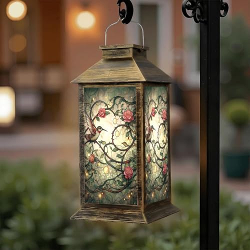 Solar Lantern Outdoor Waterproof Art Nouveau Stained Glass Panel Roses Garden Decor LED Solar Lights Hanging/Tabletop Lamp Gifts for Women Mom for Outside Yard Patio by DERUINVAIO
