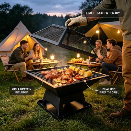 19.8" Square Outdoor Fire Pit Table with Fire Poker & Mesh Lid, Metal Wood Burning Stove, Brazier Patio Outside Heating for Backyard Log Burning Camping - Image 7