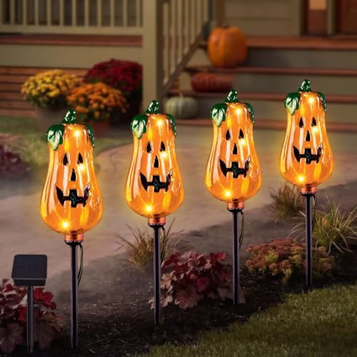 Halloween Decorations Outdoor,4 Pack Halloween Pumpkin Solar Lights Stakes by HomeGardenDecorations