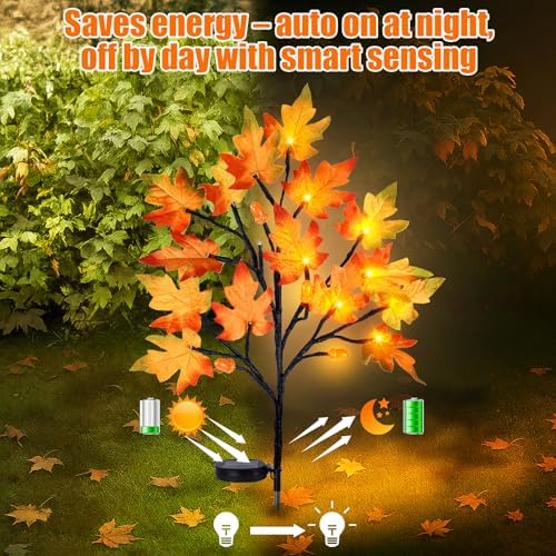 Uieke 4PCS Solar Fall Lights Outdoor Decorative, 34" Fall Decor with Acorn Maple Leaf, 40LED Each with 8 Modes & Timer, Waterproof Maple Leaves Tree Lights for Yard Pathway Thanksgiving Decor - Image 2