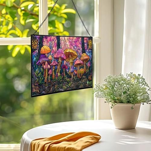 Rainbow-Colored Mushroom Cluster Rectangular Stained Glass Suncatcher – Hanging Window Panel with Animal & Nature Scene – Vibrant Glass Art Gift for Wildlife, Fantasy, Nature Lovers kE49ZM - Image 2