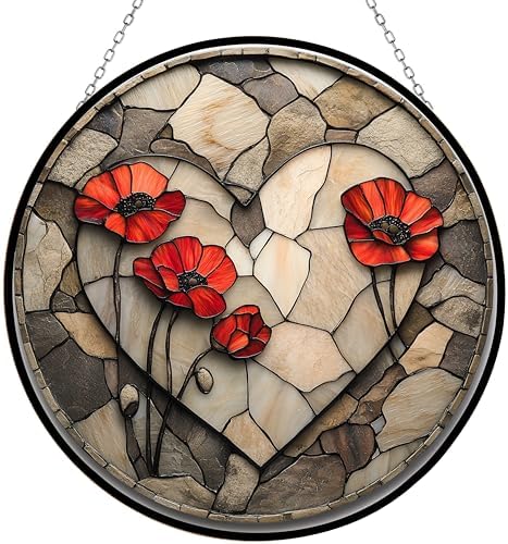 9.84 Inch Boho Memorial Day Heart Rock with Poppies Suncatcher Indoor/Outdoor Stained Glass Window Hanging Handmade Suncatchers Home Decor Garden Christmas Party Wedding Housewarming Gifts by Unknown