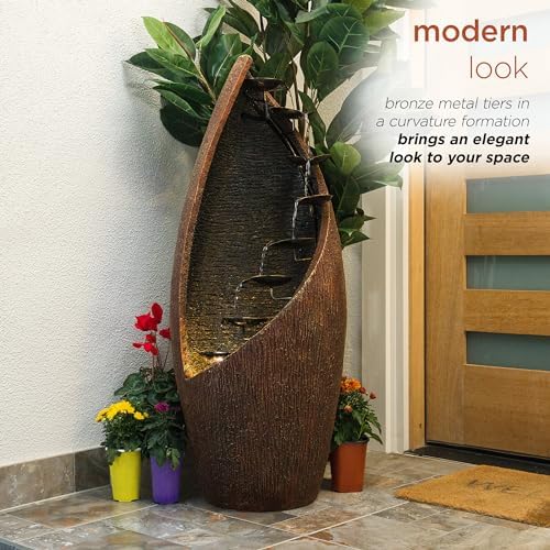 Alpine Corporation 43" Tall Outdoor Floor Contemporary Tiered Bronze Metal Water Fountain with LED Lights, Stylish Outdoor Water Feature for Garden and Patio Decor, Brown - Image 5