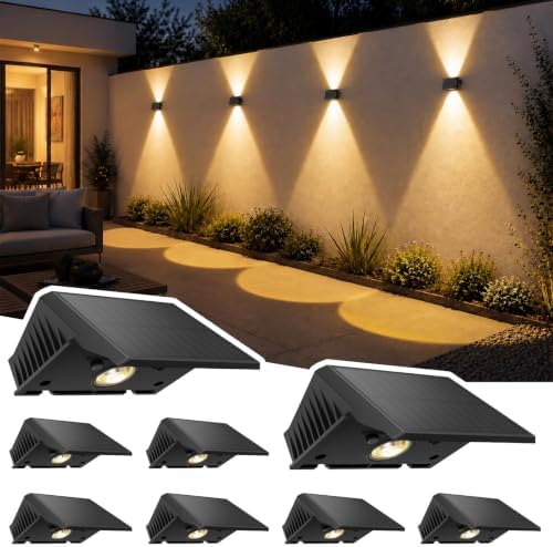 Solar Lights Outdoor Waterproof IP67, WarmWhite Solar Wall Lights Outdoor, Up and Down Fence Lights Solar Powered Dusk to Dawn for Patio, Garden, Backyard, Porch, Pathway, Door, Garage (8 Pack) by Delaiglow