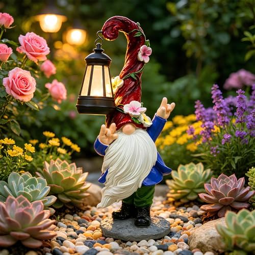 Garden Gnome Statue with Solar Lights Garden Sculptures Patio Outdoor Decor by PaLuQiYa