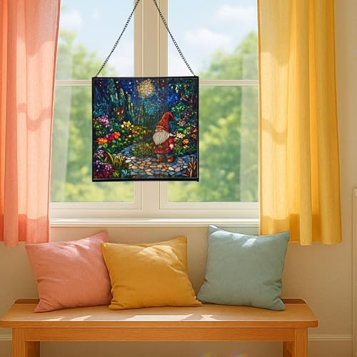 Twilight Garden Gnome Stroll Stained Glass Suncatcher – Square Hanging Window Panel for Home or Greenhouse – Whimsical Glass Art Gift for Garden Lovers, Christmas, Halloween, Father Days Ye2sh0 - Image 5
