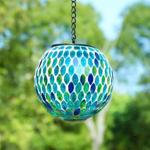 VCUTEKA Hanging Solar Lanterns, Light Blue Mosaic Solar Lights Garden Decor - Image 5