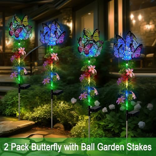 Solar Flowers Lights Outdoor Pathway,2 Pack Butterfly & Ball Garden Stakes - Image 5