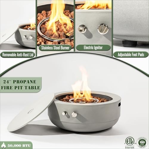 24 Inch Propane Fire Pit Bowl, 50000 BTU Round Steel Gas Fire Pit with Lid, Portable Outdoor Fire Table for Patio Deck Balcony Backyard Garden, Concrete Grey (Tank Cover Not Included) - Image 3