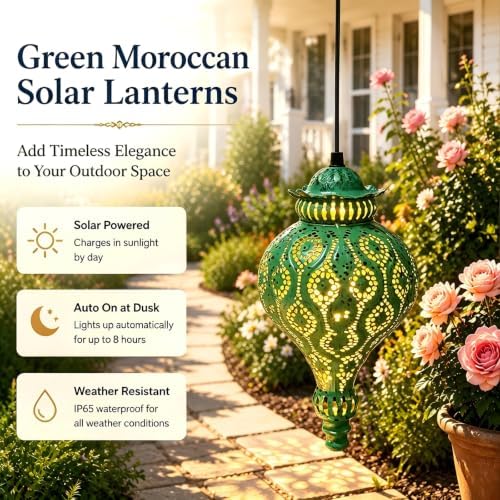 Moroccan Solar Lanterns Outdoor Hanging Garden Decor (2 Pack, Green) - Image 5