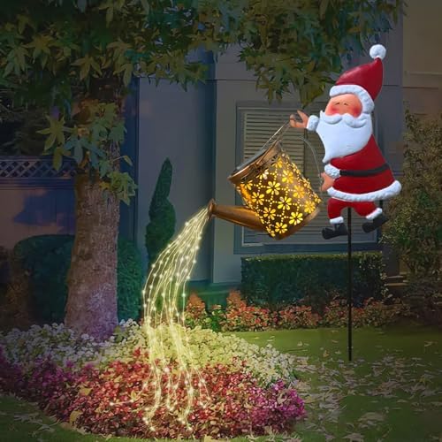 Solar Santa Clause Watering Can Lights, Christmas Solar Kettle Lights Garden Lawns Decorative Light Solars Christmas Decorations Hanging Metal Santa Kettle Light for Garden Patio Pathway Yard - Image 3