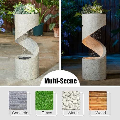 Glitzhome Outdoor Water Fountain with LED Light, Spiral Tiered Water Fountain Outdoor with Stone Planter, Modern Curved Waterfalls Feature Fountains for Garden Patio Porch, 31.3”H - Image 5