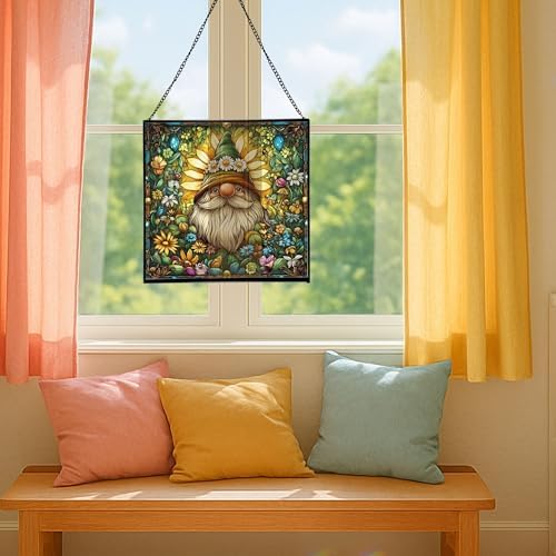Daisy Crown Gnome Stained Glass Suncatcher – Square Hanging Window Panel for Home or Greenhouse – Whimsical Glass Art Gift for Garden Lovers, Christmas, Halloween, Father Days gdSmuZ - Image 5