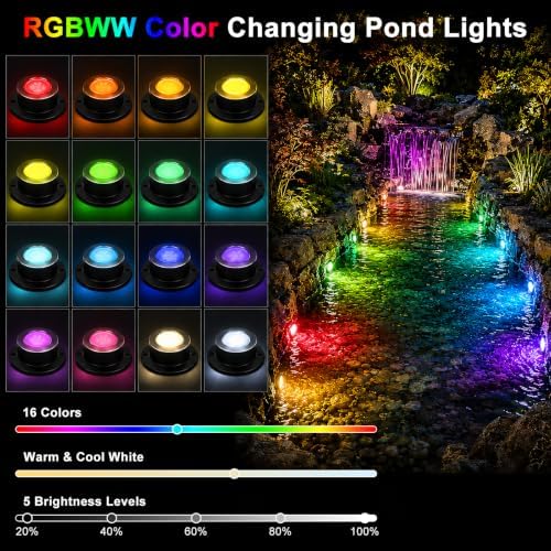 LED Pond Lights RGBWW, Underwater Pond Lights with 12V Timer Transformer, 6 Head Outdoor IP68 Waterproof Submersible Fountain Lights, Remote Control & Photocell Sensor for Pond, Waterfall, Garden - Image 2
