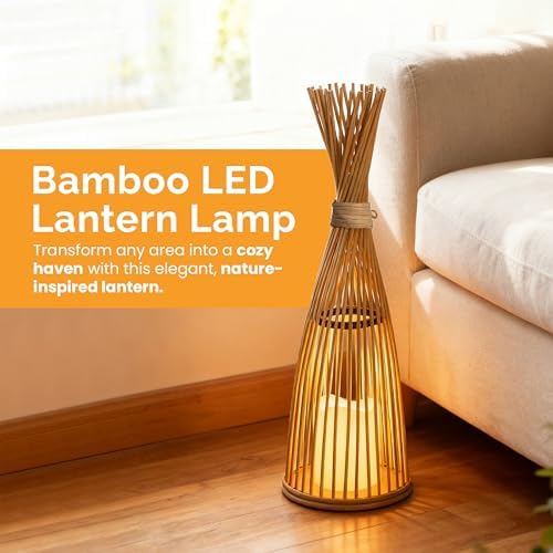 Vintiquewise Hand-Woven Tall Bamboo LED Floor Standing Lantern – Bohemian Wicker Decorative Lamp and Farmhouse Accent for Living Rooms Entryways Patios and Garden, Large - Image 3